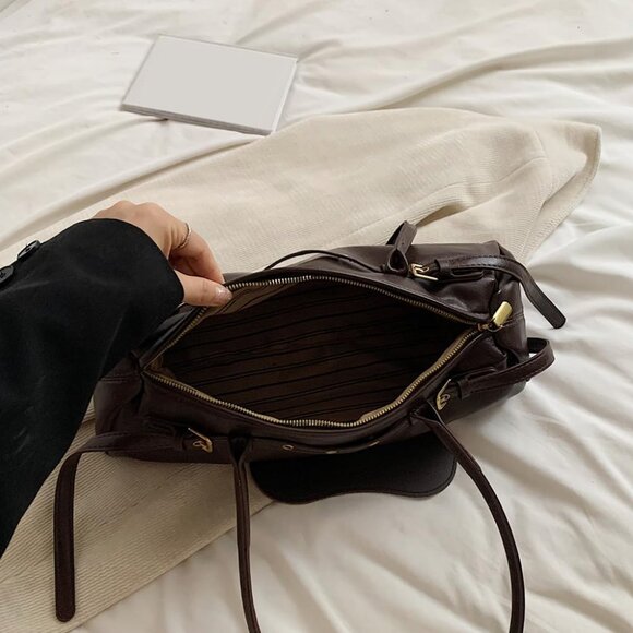 Wome'ns Coffee PU Leather Tote Bag Casual Bowling Bag Purse Retro Underarm - Picture 8 of 9